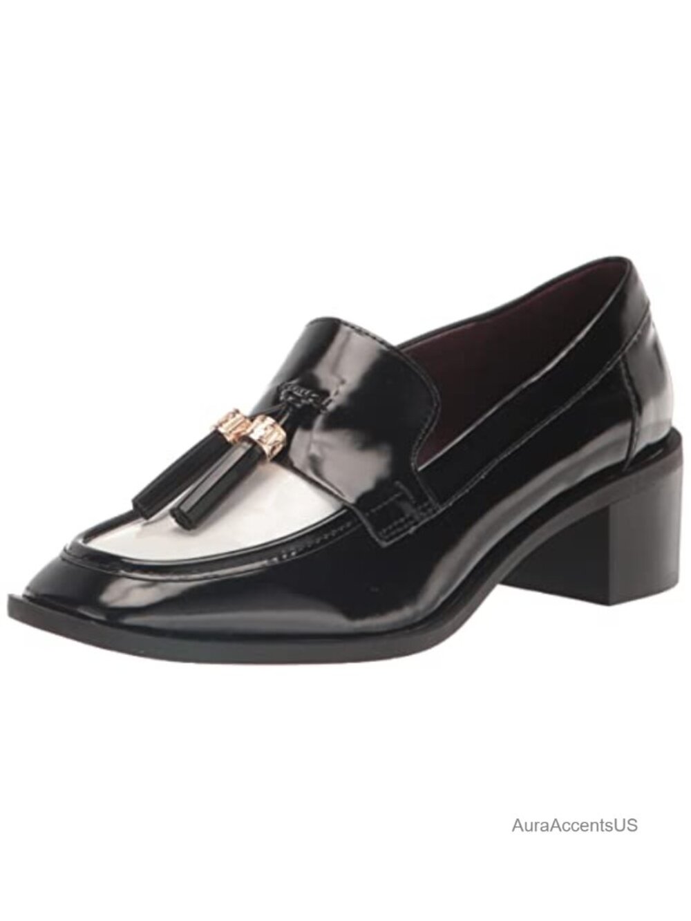 Faux Leather Heeled Loafers Slip On Block Heel Tassel Detail